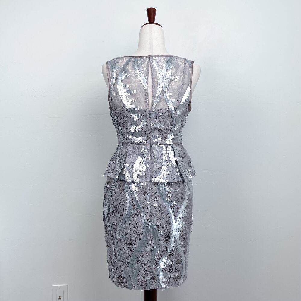 Adrianna Papell Silver Sequin Lace Sleeveless Peplum Sheath Pencil Dress SIZE 6 - Picture 7 of 10